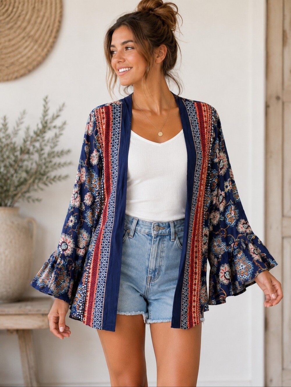fig and flower Anthropologie NWT Navy Floral Kimono with Red and Yellow Accents